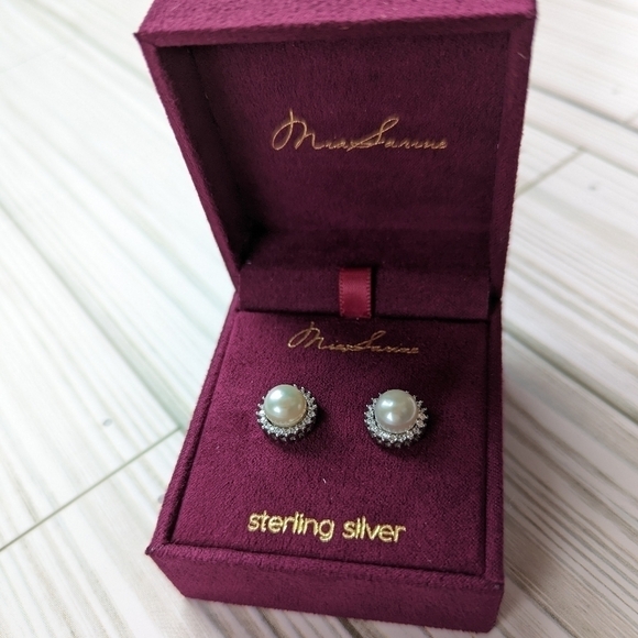 Mia Sarine Freshwater Pearl Cubic Zirconia Sterling Silver Stud Earrings NWT - Picture 7 of 14